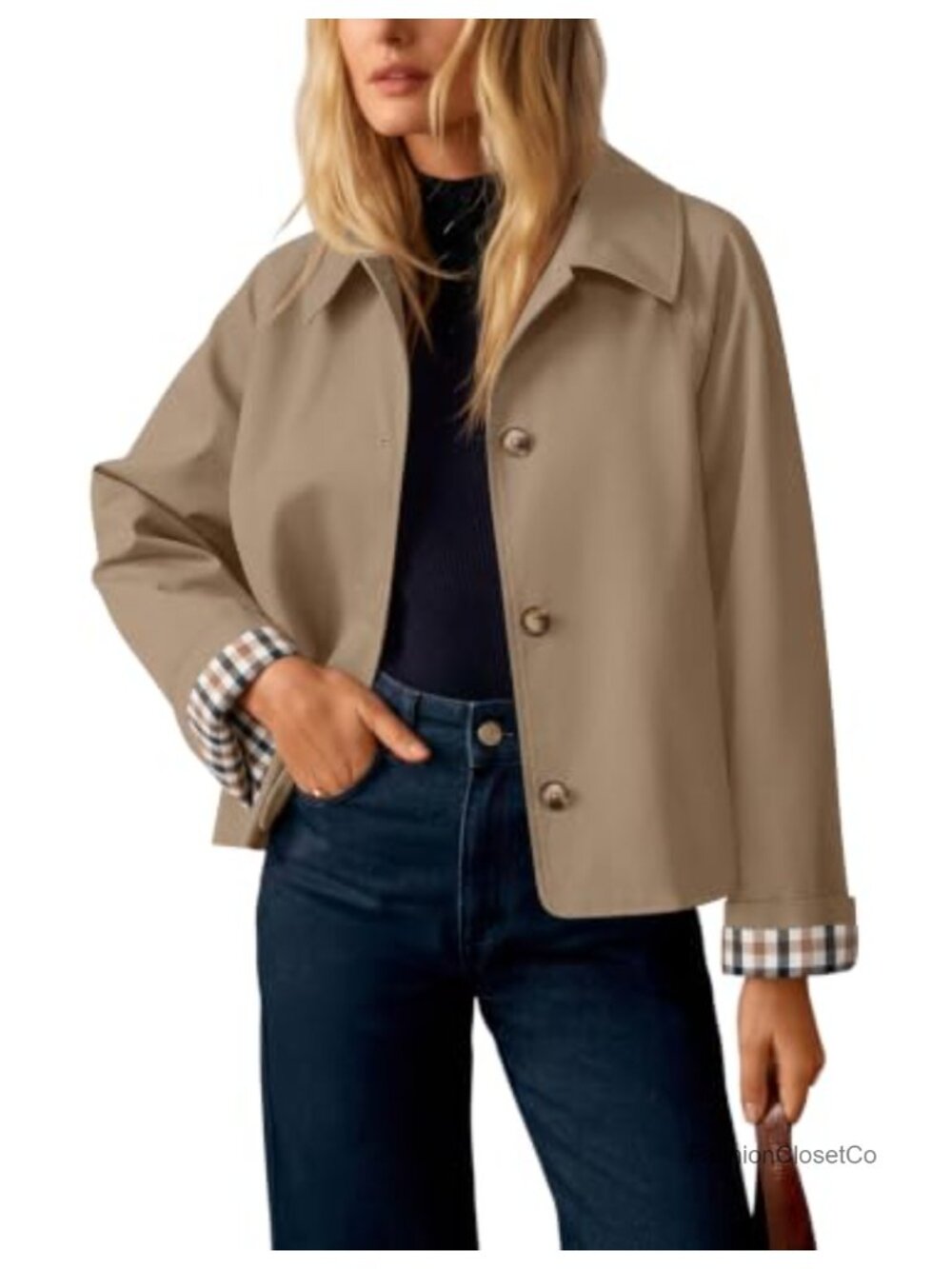 Cropped Trench Coat Plaid Button Front Fall Jacket Polyester